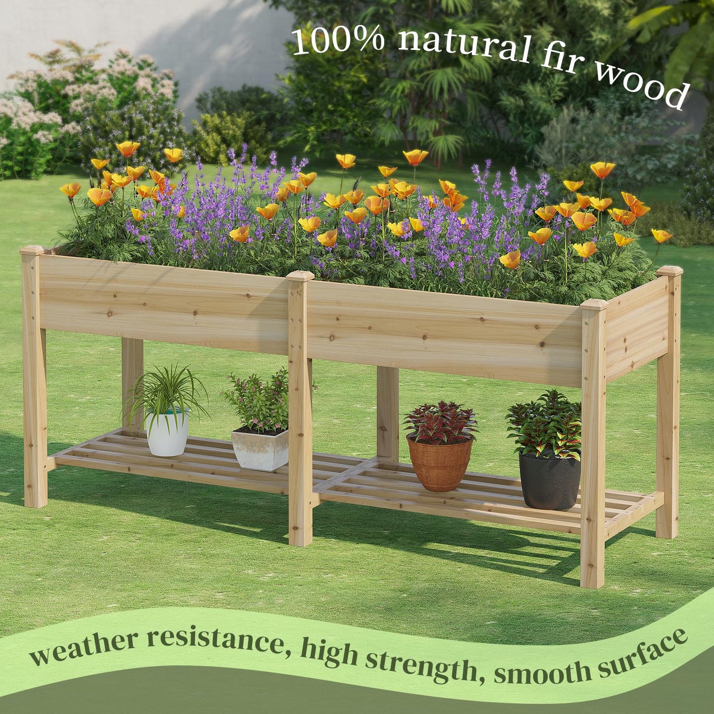 PULIJIAJU 72x24x30.5in Raised Garden Bed Elevated Wood Planter Box with Shelf Garden Planter with Legs for Backyard, Patio, Balcony w/Divider Liner, 300lb Capacity -(Natural)