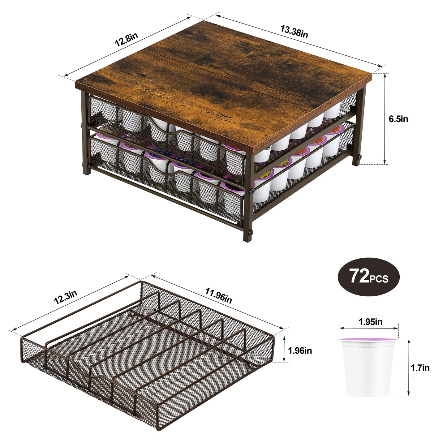 Coffee Pod Drawer Holder Coffee Pod Storage Organizer for Counter 2 Tier Coffee Pod Holder 72 Capacity Capsule Storage Rack with Sliding Baskets for Home Office (Brown)
