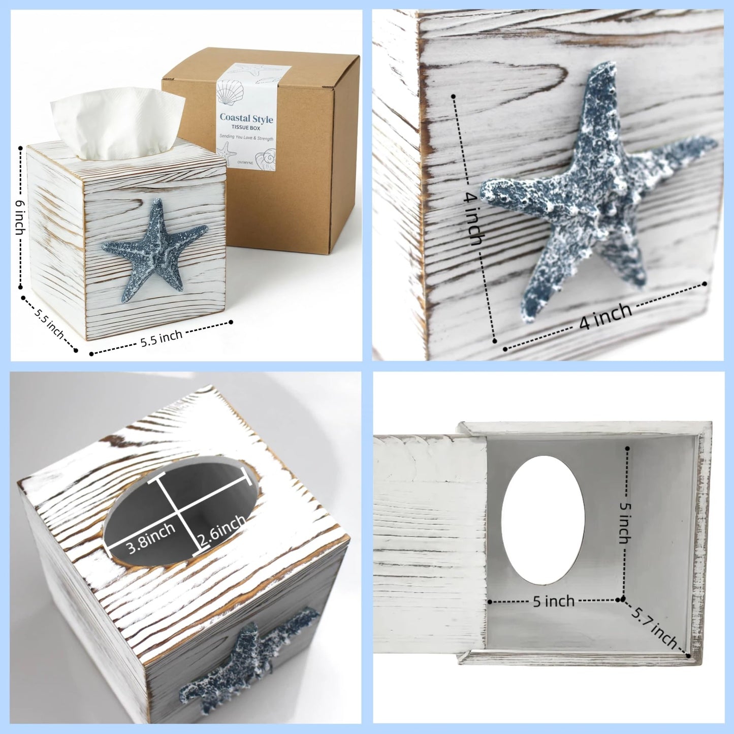 Ovimyne Coastal Tissue Box Cover Wooden Retro with Sliding Bottom Panel Beach Decor for Bathroom Bedroom Living Room,Starfish Decor Suitable for Coastal Gifts Beach House Gifts