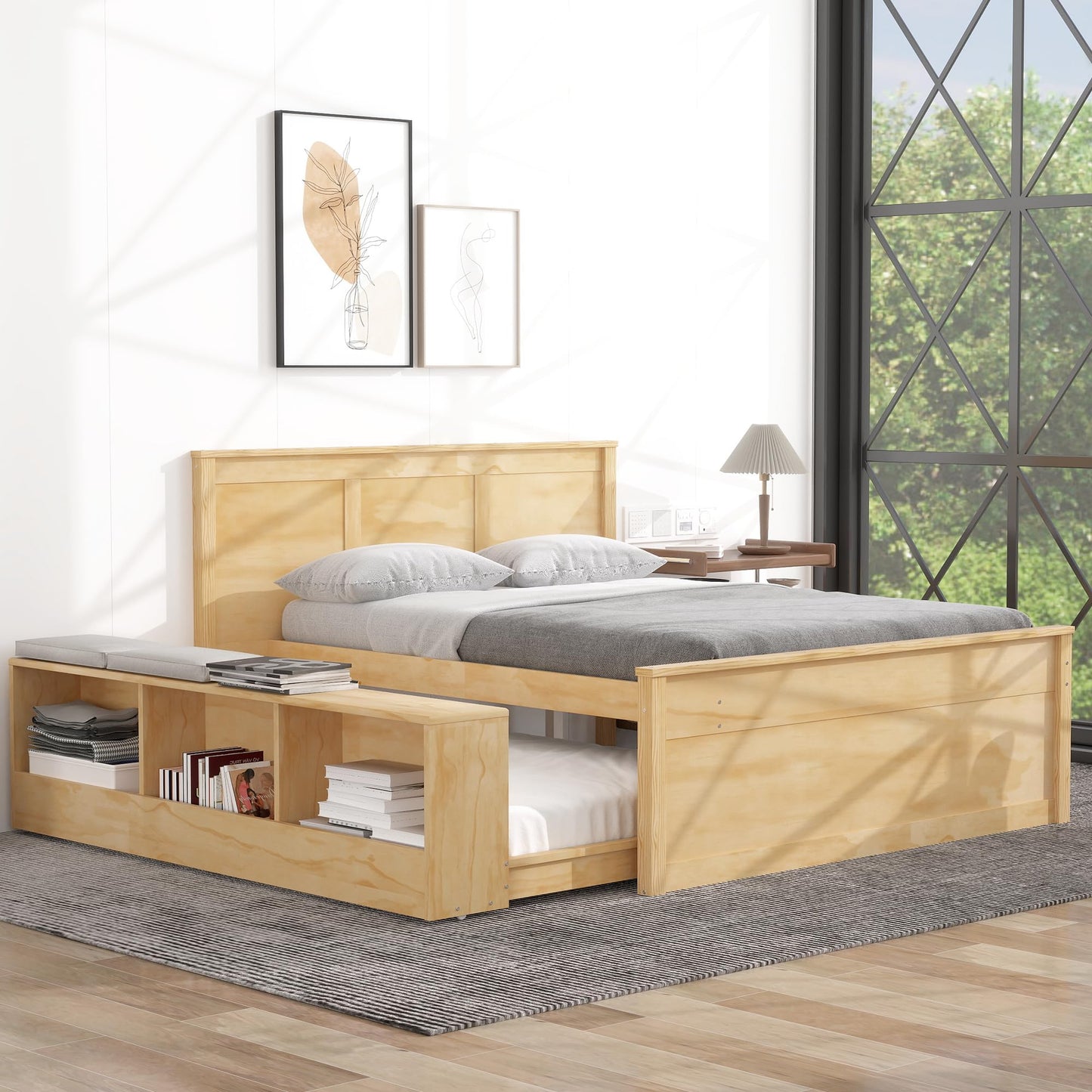 Merax Classic Wooden Platform Bed with Trundle Bed and Storage Cabinet, Full Storage Bed Frame with Headboard for Bedroom, Guest Room,No Box Spring Needed,Easy Assemble, Natural