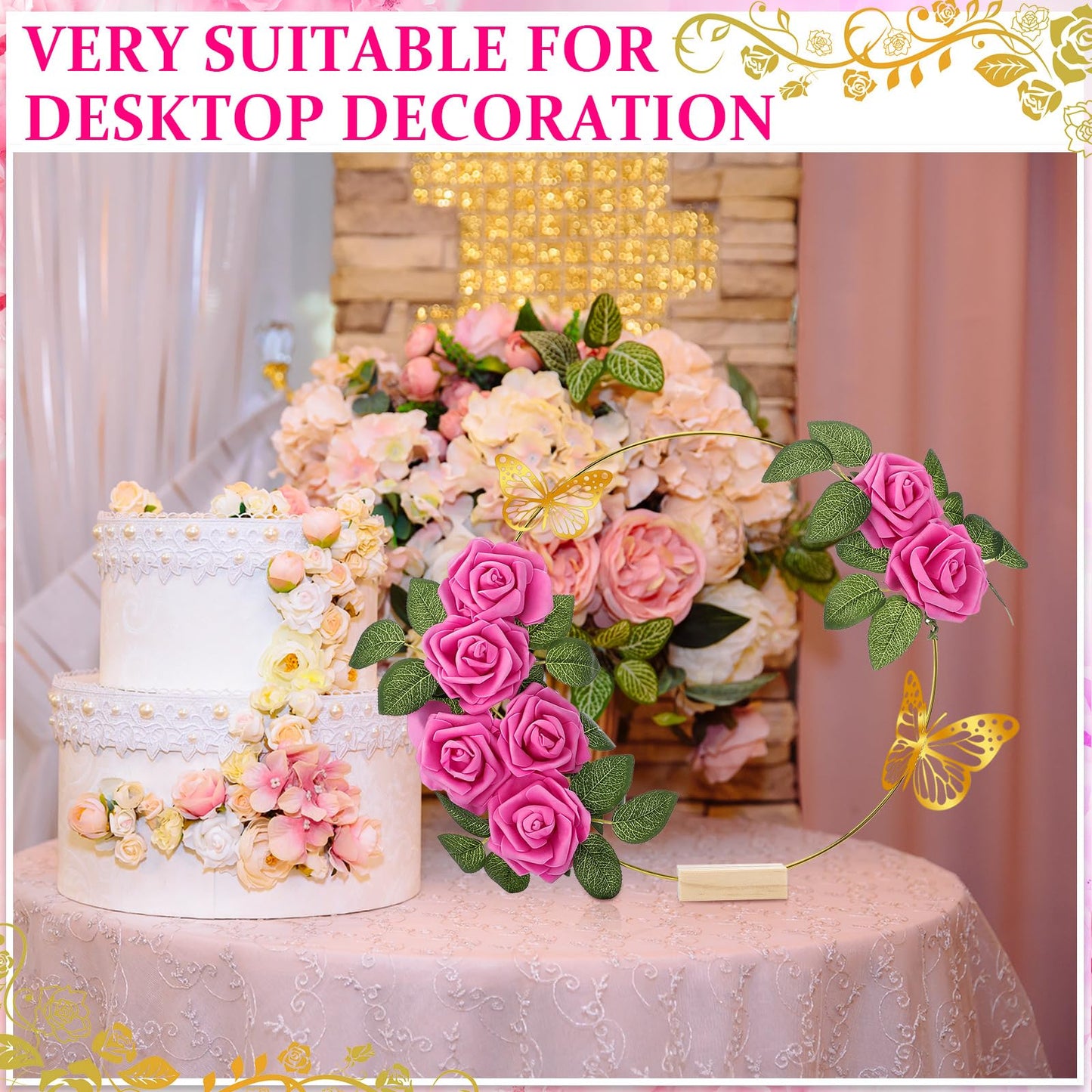 Suncalla 6 Pack Floral Hoop Centerpieces Table Decorations Kit Include 6 Metal Wreath Ring with 6 Wood Base 50 Rose Flower 12 Faux Butterfly for DIY Home Wedding Table Decor (Gold Hoop, Fuchsia Rose)