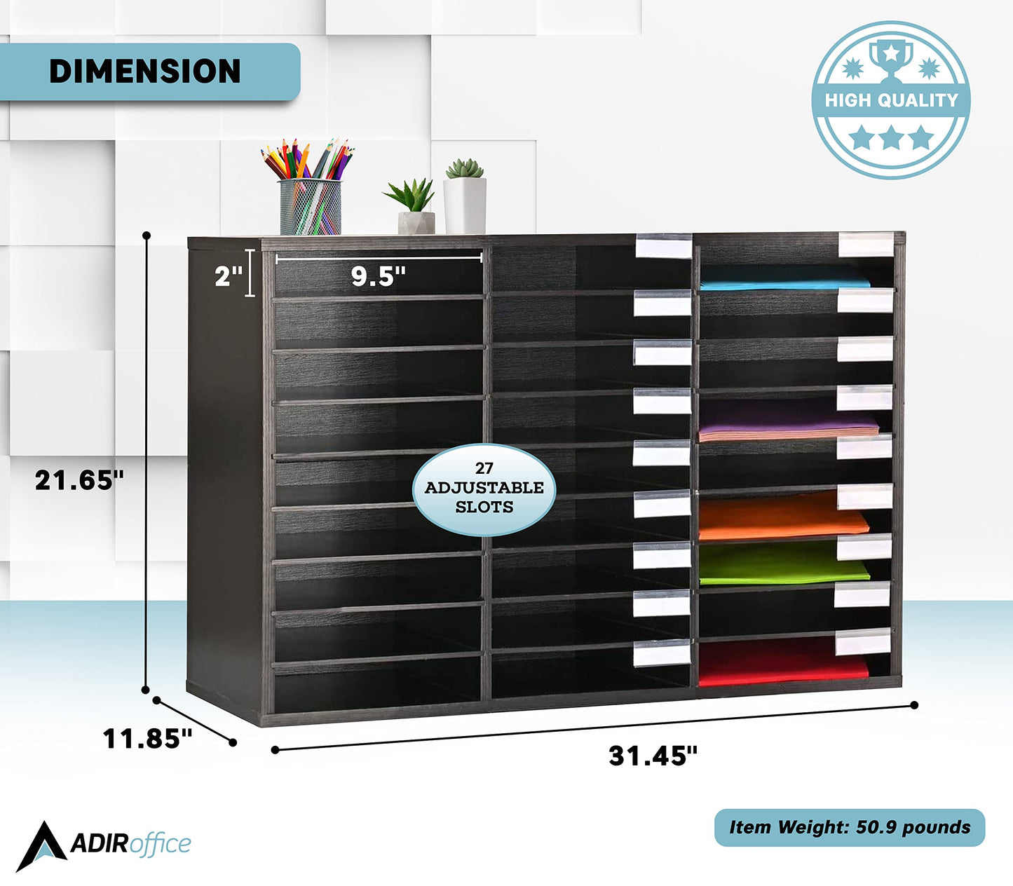 AdirOffice Classroom Mailbox - Wooden Literature Organizer , Construction Paper Storage Organizer , Mail Sorter with Slots , Office Mailboxes With Removable Shelf (27 Slot , Black)