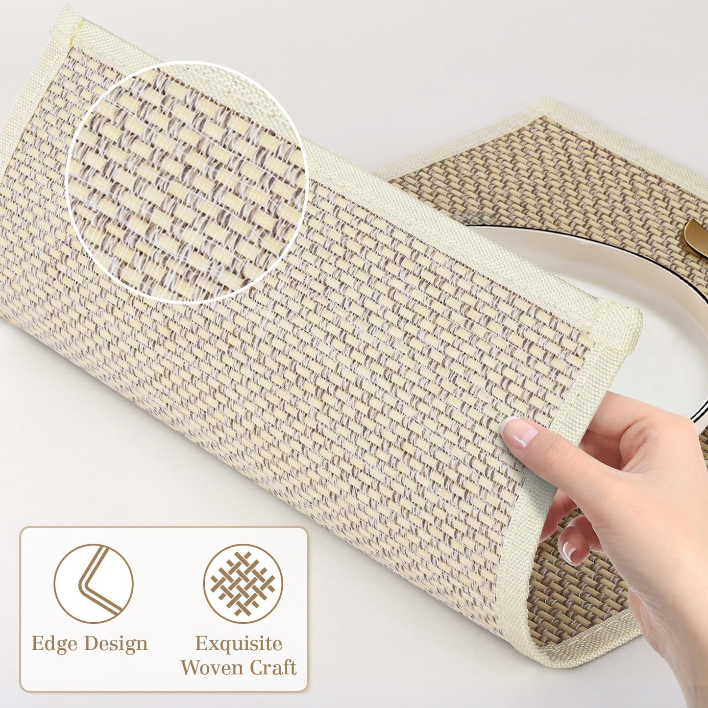 fanquare Bamboo Placemats with Fabric Border Set of 4 Natural Japanese Wooden Table Mats Sushi Rolling Mat for Dining Kitchen Room