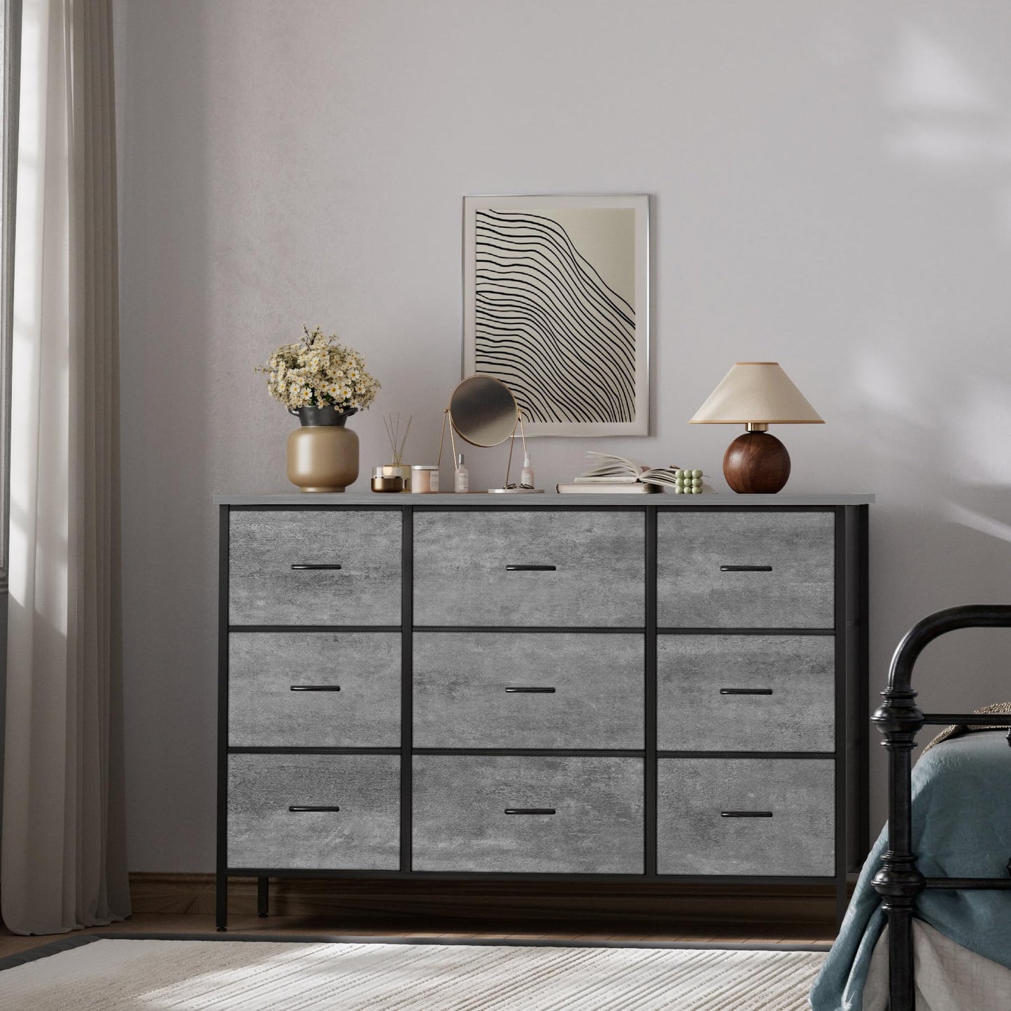 VASICAR Dresser for Bedroom with 9 Deep Drawers, Wide TV Stand Modern TV Console, Fabric Storage Cabinet, Chest of Drawers for Closet, Nursery (Gray)
