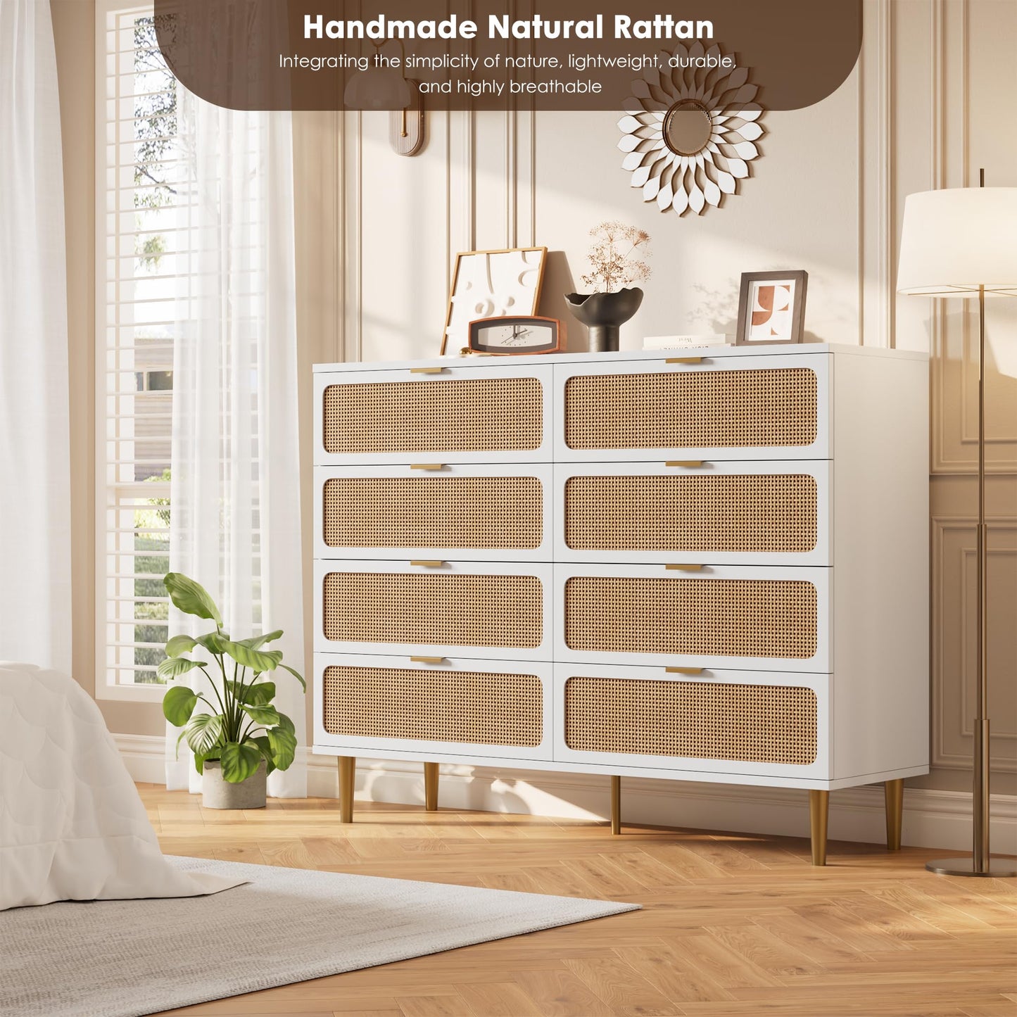 GarveeHome Rattan 8 Drawer Dressers for Bedroom, Tall Dresser with Deep Drawers, Large Chest of Drawers for Closet with Wide Top, Long Wooden Dresser for Living Room, Hallway, Kids Room, White