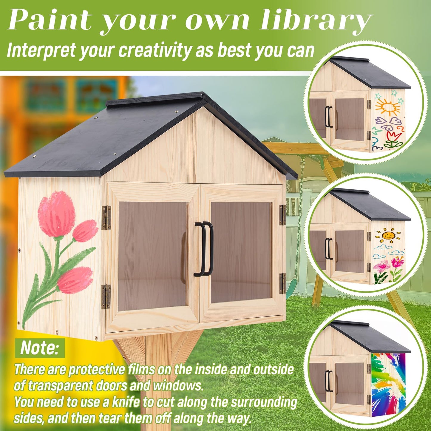 Wonderjune Little Library Box Outdoor Free Library Kit -Durable Weatherproof Solid Wood Book Exchange Box with Floor Plugs and Small Flower Fence for Neighborhoods, Community, Literature, Newspapers