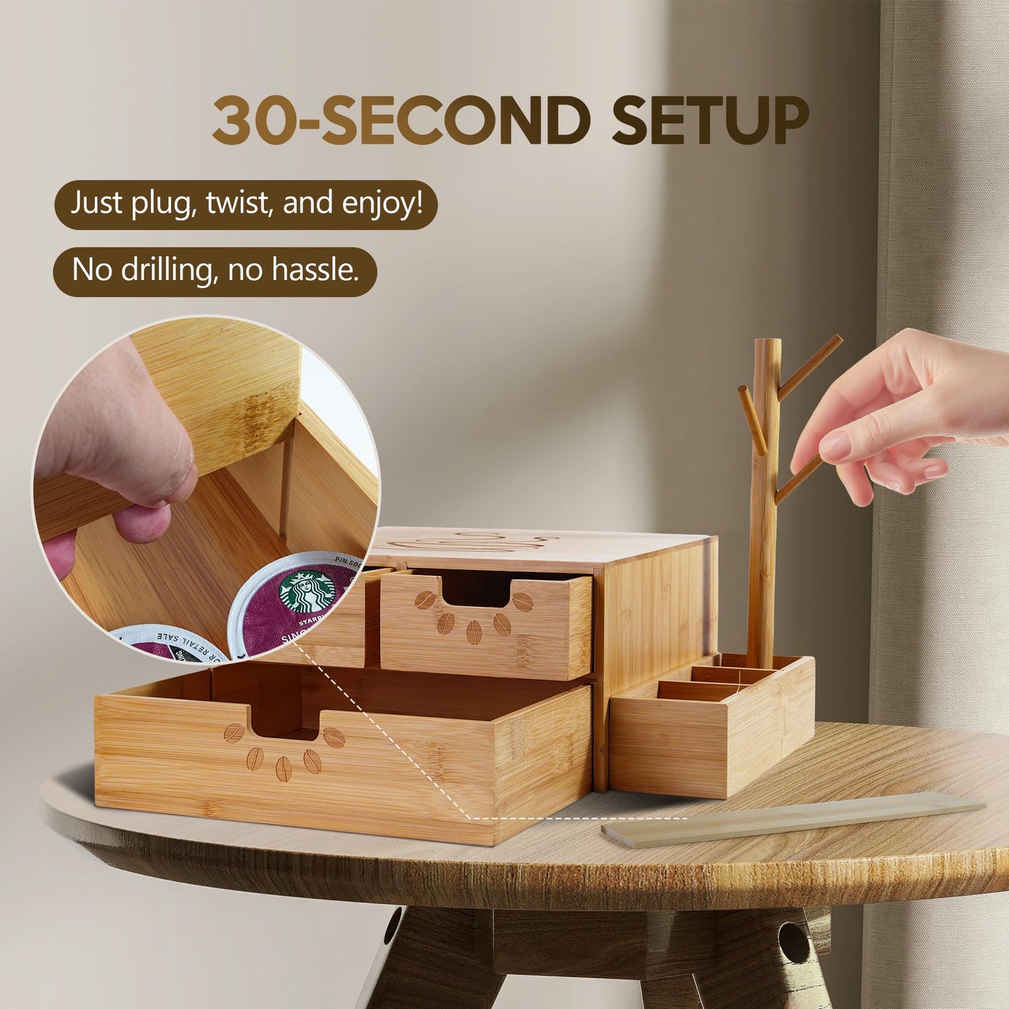 Coffee Pod Drawer, Wooden K Cup Holder with Tree Shape Mug Holder and Side Storage Box, 2-Tier K Pod Drawer Coffee Maker Machine Stand(80 Kcups+60 Tea Bags Capacity)