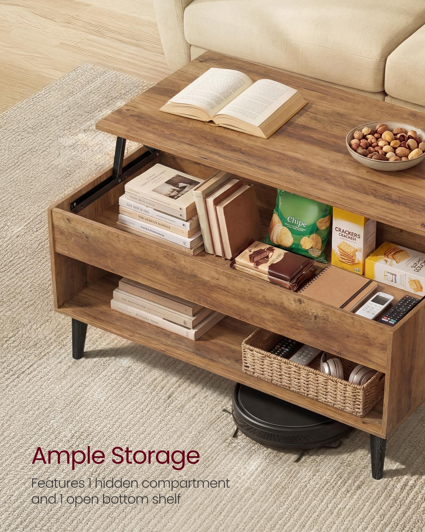 VASAGLE Lift Top Coffee Table, Lift Tabletop Dining Table, Gas Spring, Hidden Compartment, Open Storage Shelf, for Living Room, Home Office, Honey Brown ULCT268KB01S