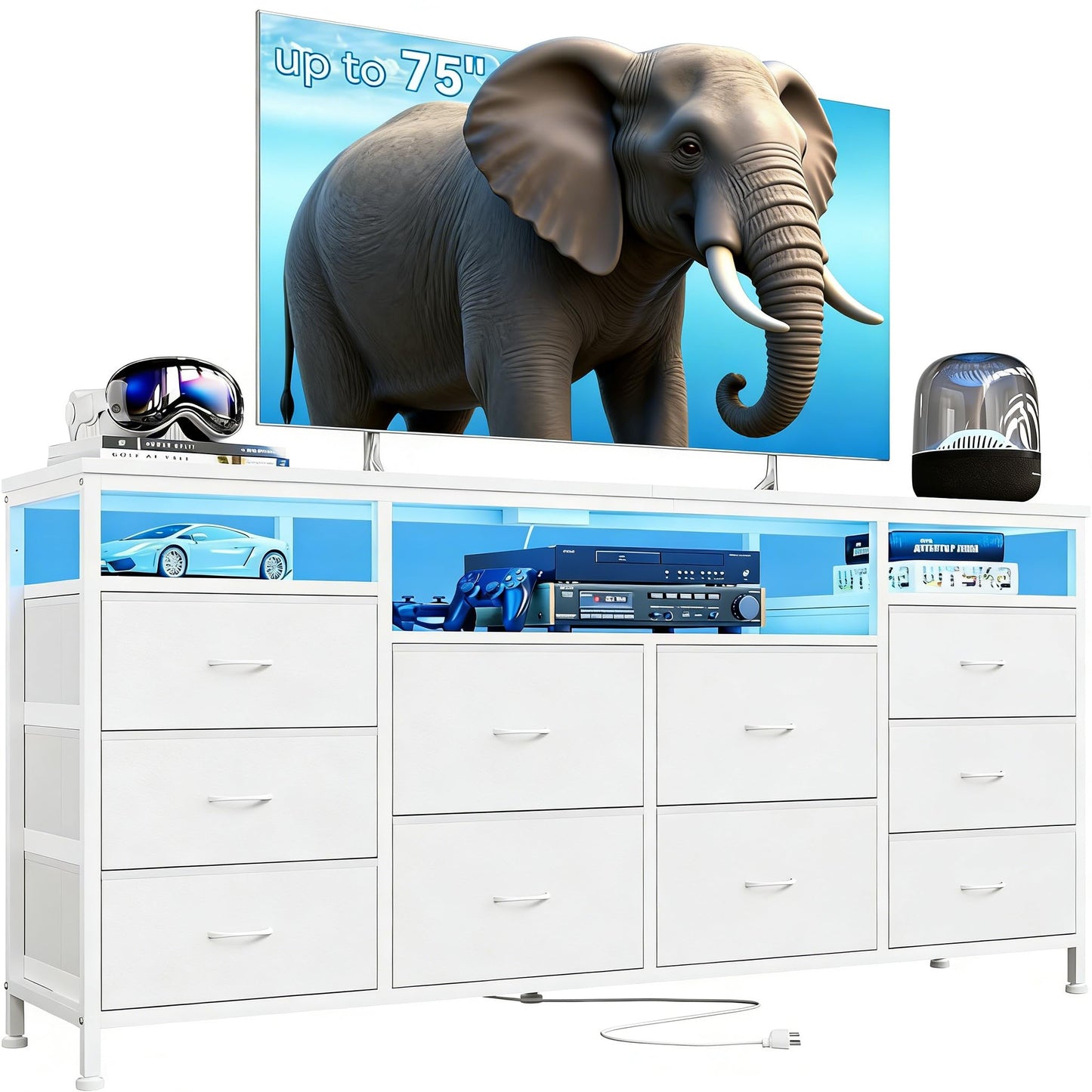 Garvee Dresser for Bedroom with LED Lights & Power Outlets, 63 Inch TV Stand Dressers for Bedroom with 10 Fabric Drawers, Entertainment Center with Open Storage Shelves for Entryway, White