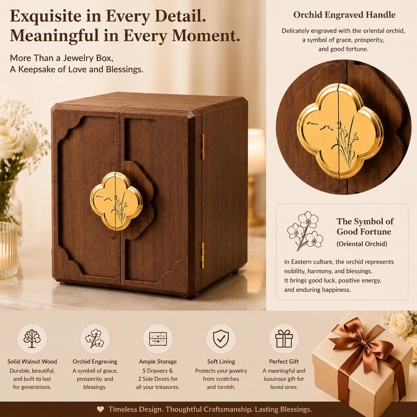Black Walnut Jewelry Box for Women ,Jewelry Storage Case for Necklaces, Rings, Earrings,Watches - Ideal Gift for Wife, Mom, Daughter, Bride, Mother's Day, Valentine's Day, Anniversary, Wedding