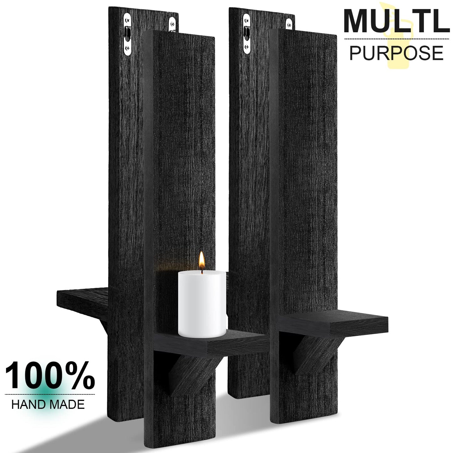 Potchen 4 Set Wooden Wall Candle Holder Sconces Mount Decorative Holders Decor Rustic Hanging Shelf Living Room Decoration for Farmhouse Bathroom Bedroom Vase Living Room(Black)