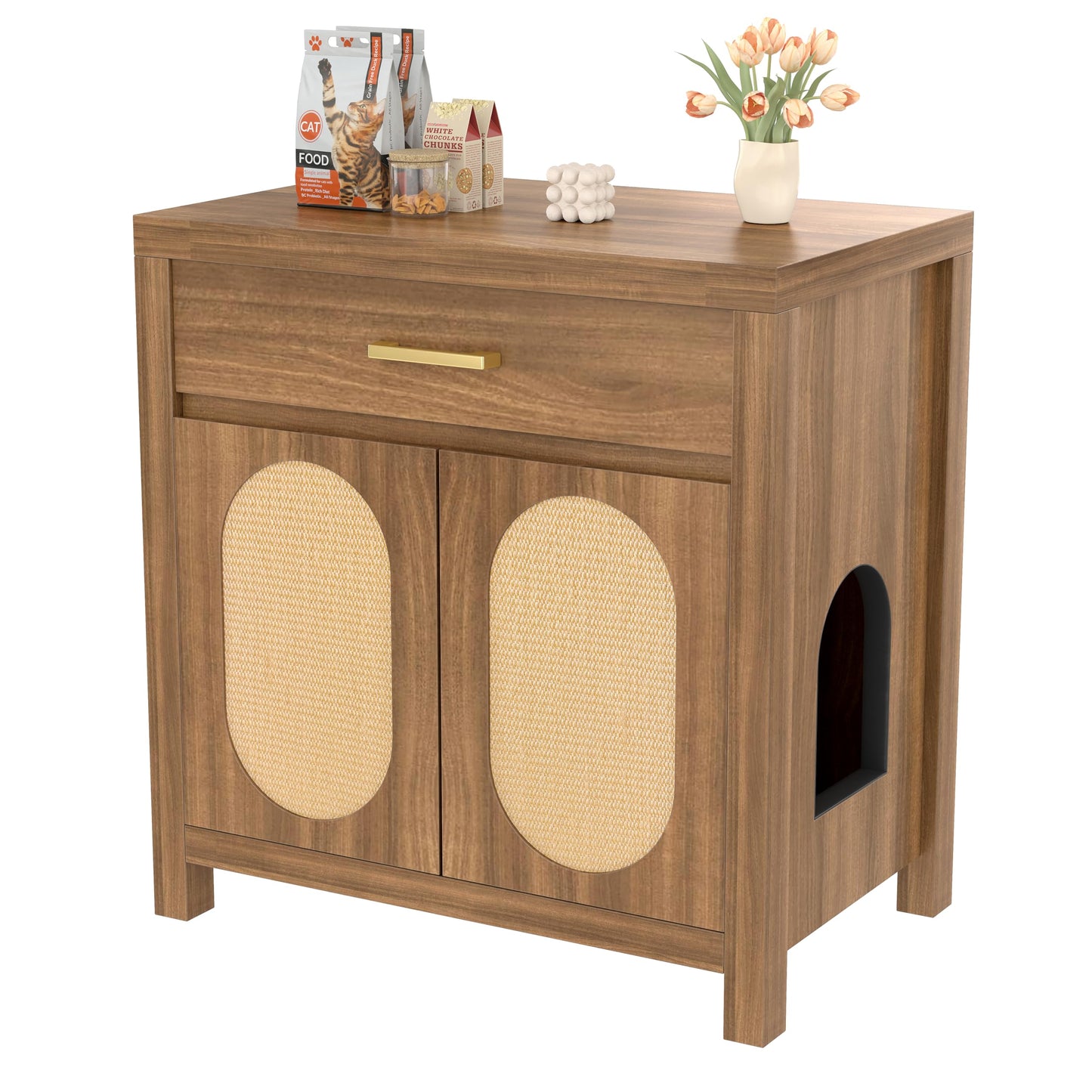 Merax 2 Pieces Cat Litter Box Enclosure with Storage Drawer, Hidden Cat Litter Box Furniture with Scratching Board Doors, Wooden Washroom Cat House Table Nightstand Box Cabinet, Espresso