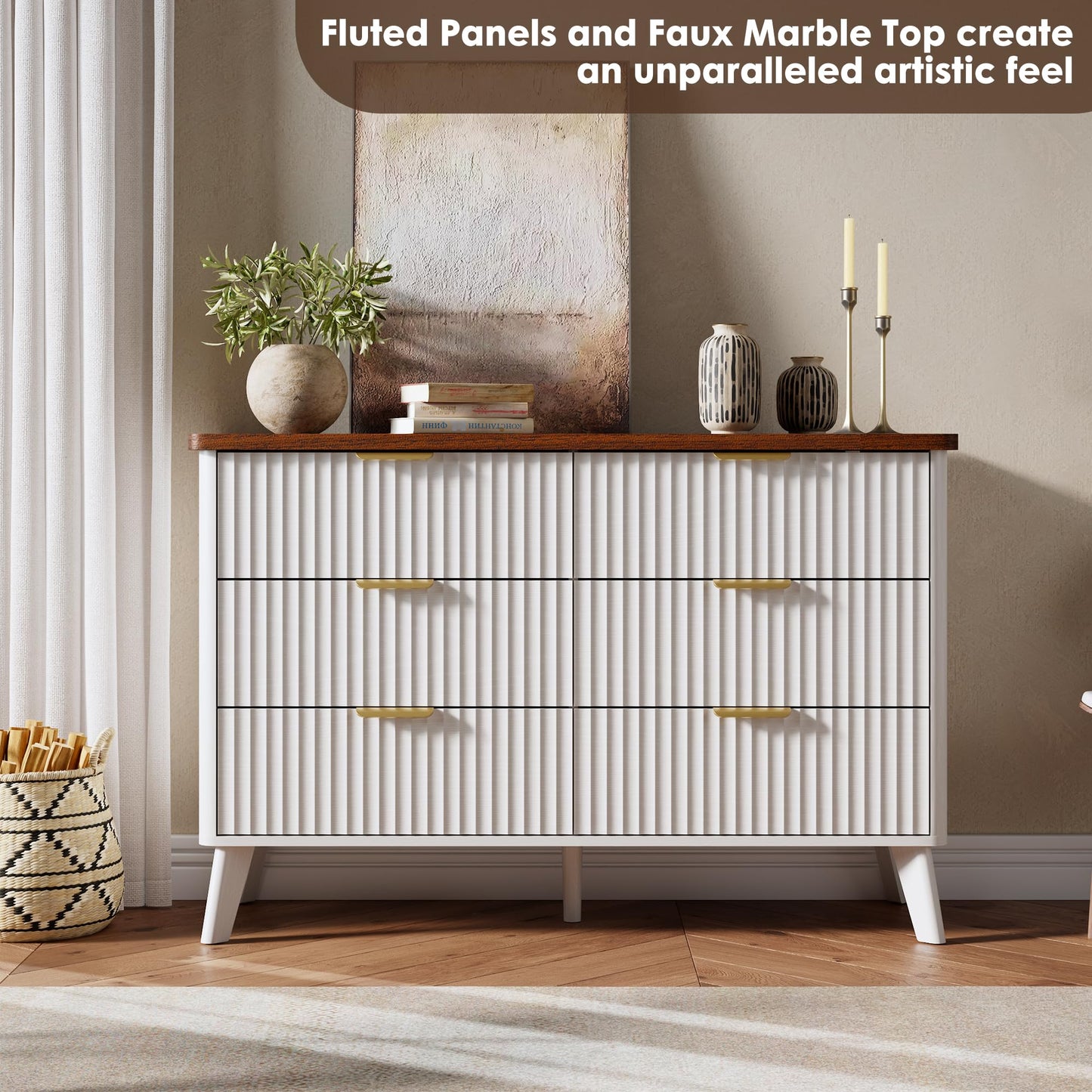 GarveeHome Fluted Dresser for Bedroom with 6 Deep Drawers, 47.2" Wide Modern Chest of Drawers, Wooden Dresser TV Stand, Curved Profile Design, for Living Room, Kids Room, Hallway, White