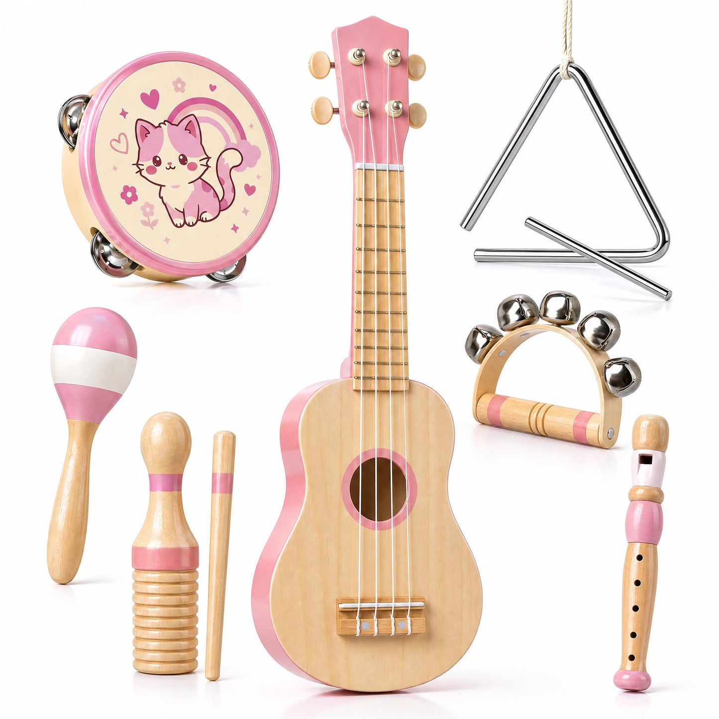 Soundo Kids Musical Instruments Set - 7P Toddler Ukulele for 2+ Year Old Boys Girls, Birthday Gifts for Kids 2 - 5, Christmas Wooden Toys, Party Kit with Ukulele, Maracas, Tambourine (Pink)