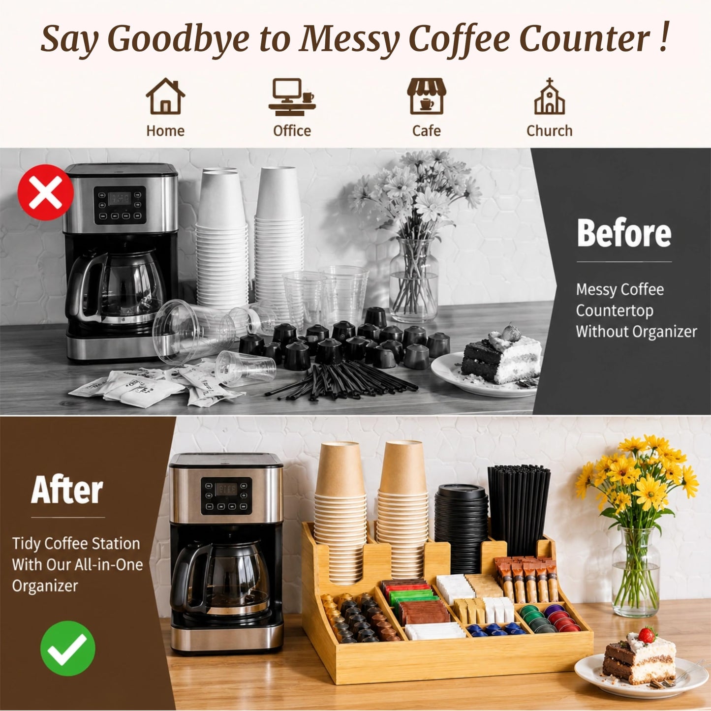 Mezchi 13-compartment Coffee Condiment Organizer, Bamboo Tea Station Organizer Caddy for Countertop, Coffee Bar Storage Accessories for Tea Bags, Cups, Pods, Creamer, Syrup