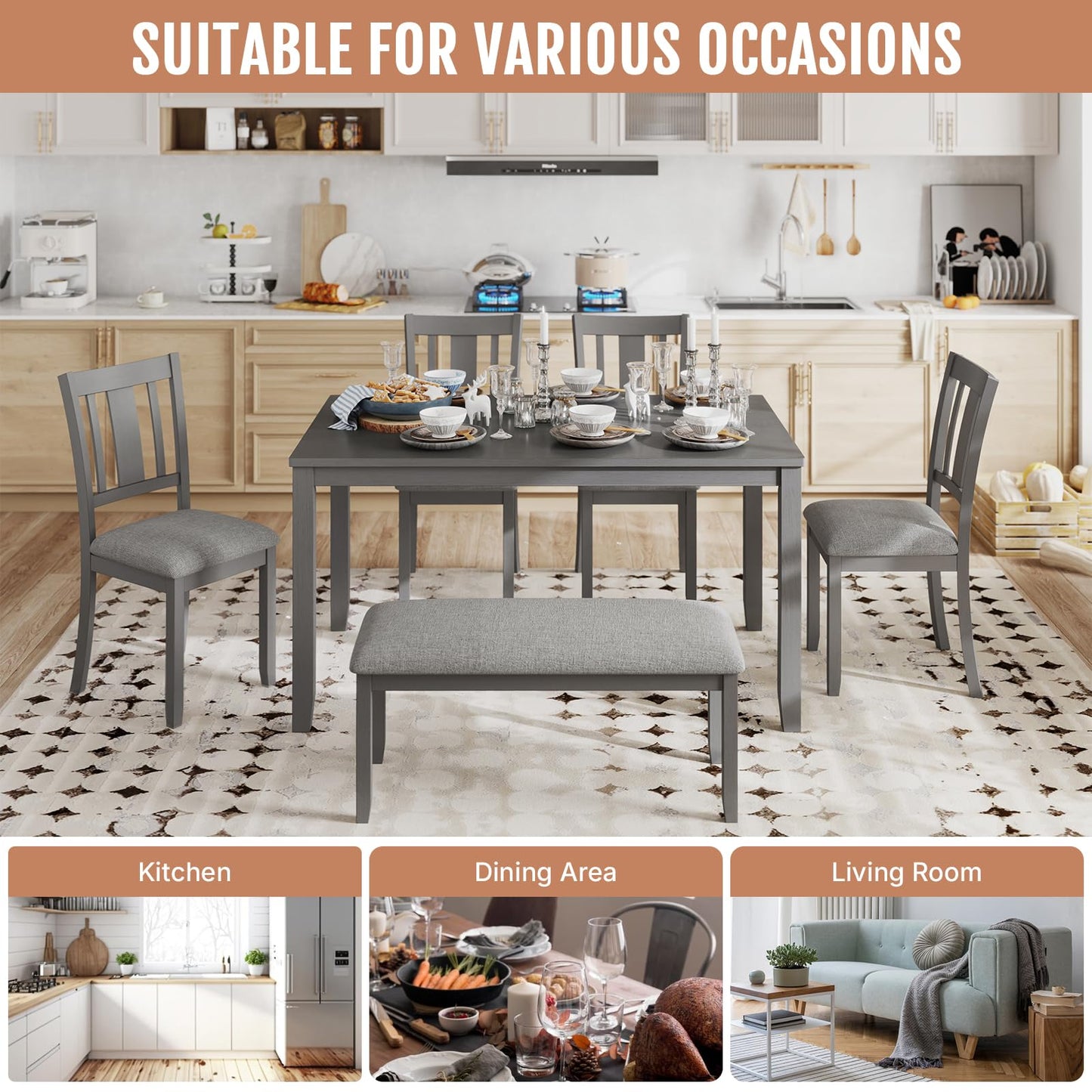 Zevemomo 6-Piece Wooden Dining Table Set, Dining Table Set for 6, Including 1 Dining Table, 4 Upholstered Chairs and 1 Bench, Wooden Legs Dining Table, Table Set for Dining Room & Kitchen, Grey