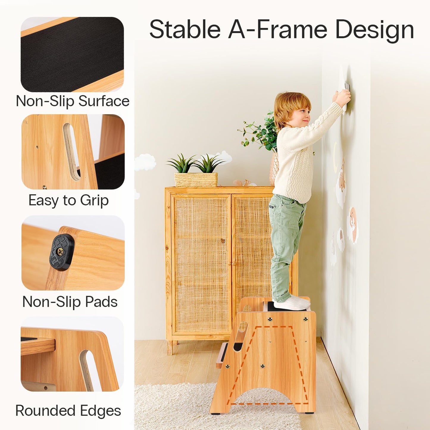 StrongTek Wooden Step Stool, 15" Dual Height Step Stools, Easy to Clean, Potty Training Stool with Handles, 300 lbs Capacity for Bathroom Sink, Kitchen, Bedroom