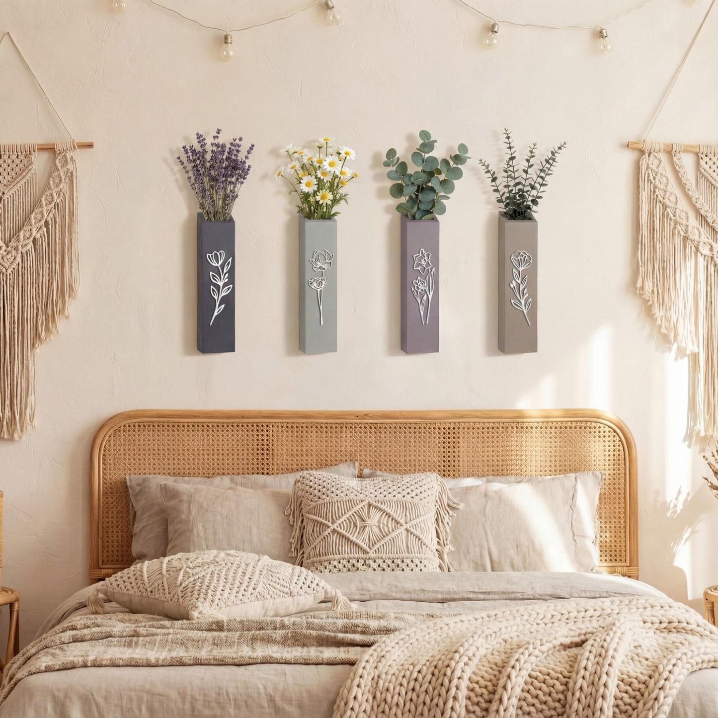 Bucherry 4 Pack 3D Wood Wall Planters Farmhouse Wall Flower Pocket Vases with 3D Floral Design Indoor Modern Neutral Boho Pocket Vase for Dried Flowers and Faux Greenery Plants for Living Room Bedroom