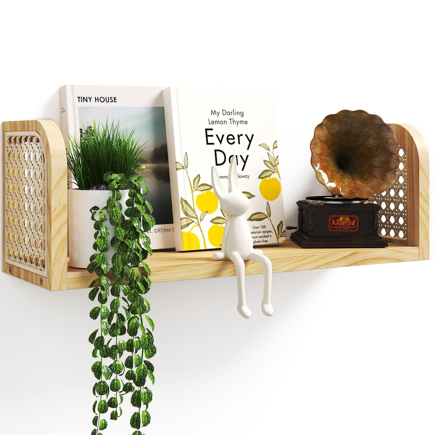 LUPWNEKA 17 Inch Rattan Wall Shelf, Wooden Hanging Bookshelf Storage, Natural Cute Nursery Shelves Wall Mounted, Boho Decorative Floating Shelves for Kids Room, Living Room, Play Room, Bedroom