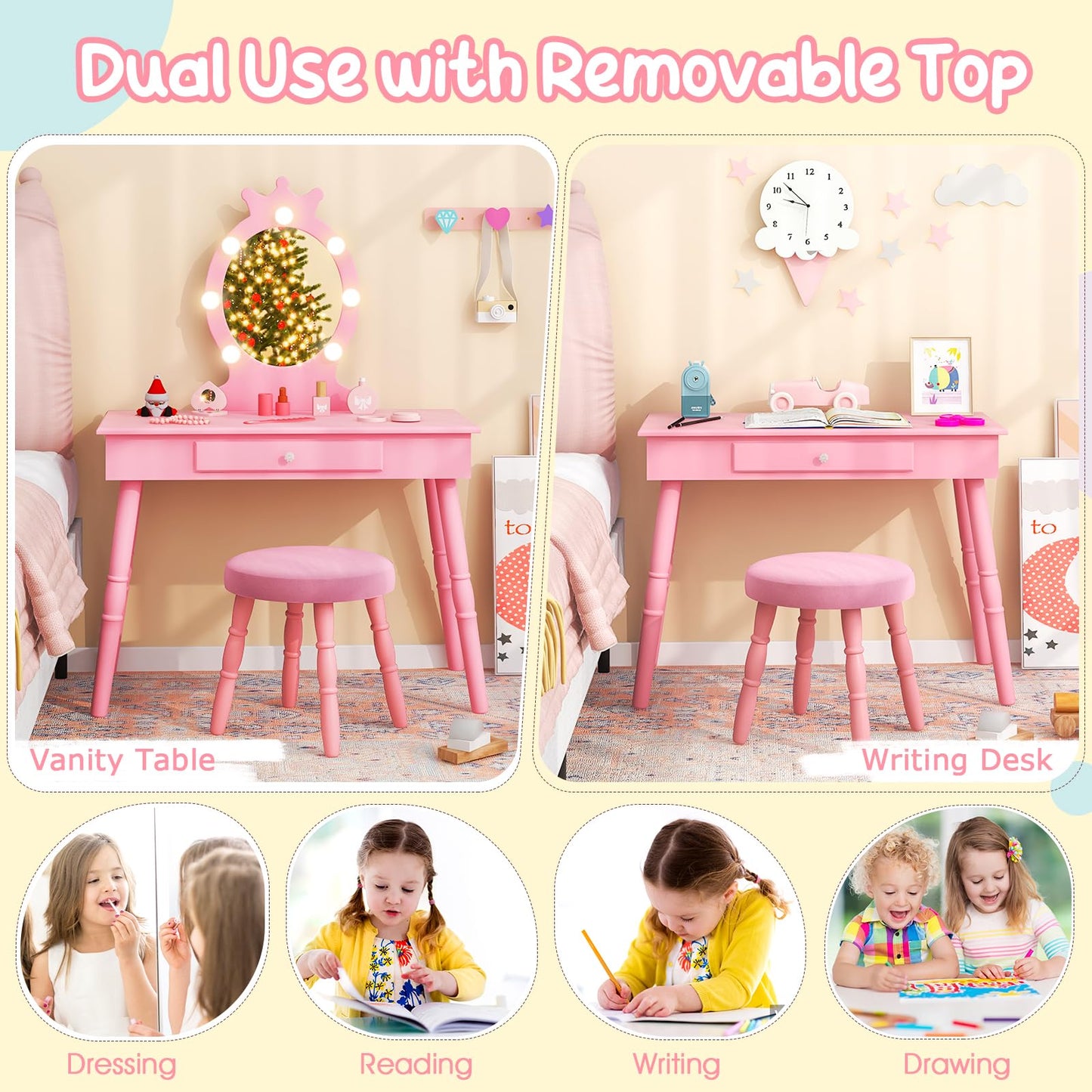 Costzon Kids Vanity, Girls Vanity Set with Mirror and Stool and Lights, Drawer, 2 in 1 Wooden Makeup Vanity Desk Dressing Table, Kids Vanity Table and Chair Set (Pink)