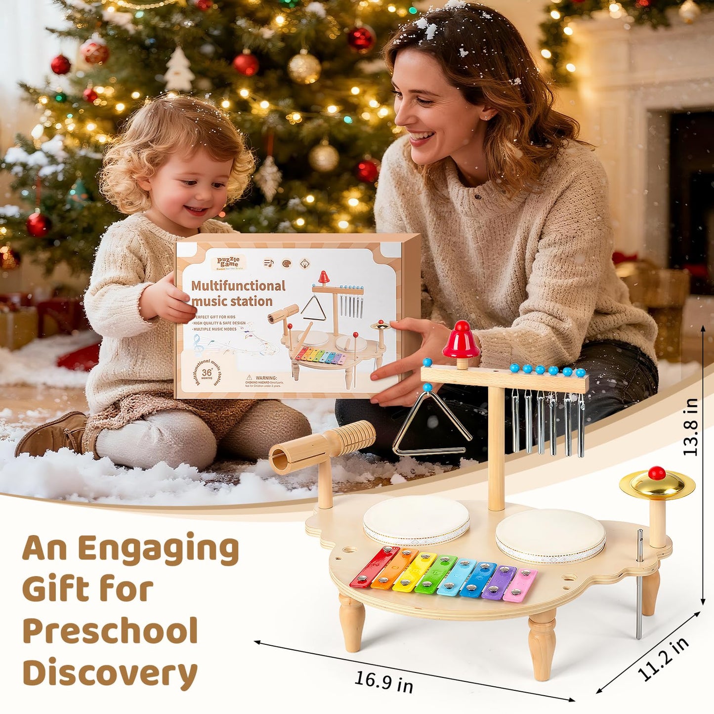 Baby Drum Set for Toddlers 1-3, Wooden Musical Percussion Instruments with Xylophone, Kids Drumset Educational Montessori Music Toys Birthday Gift for Boys Girls