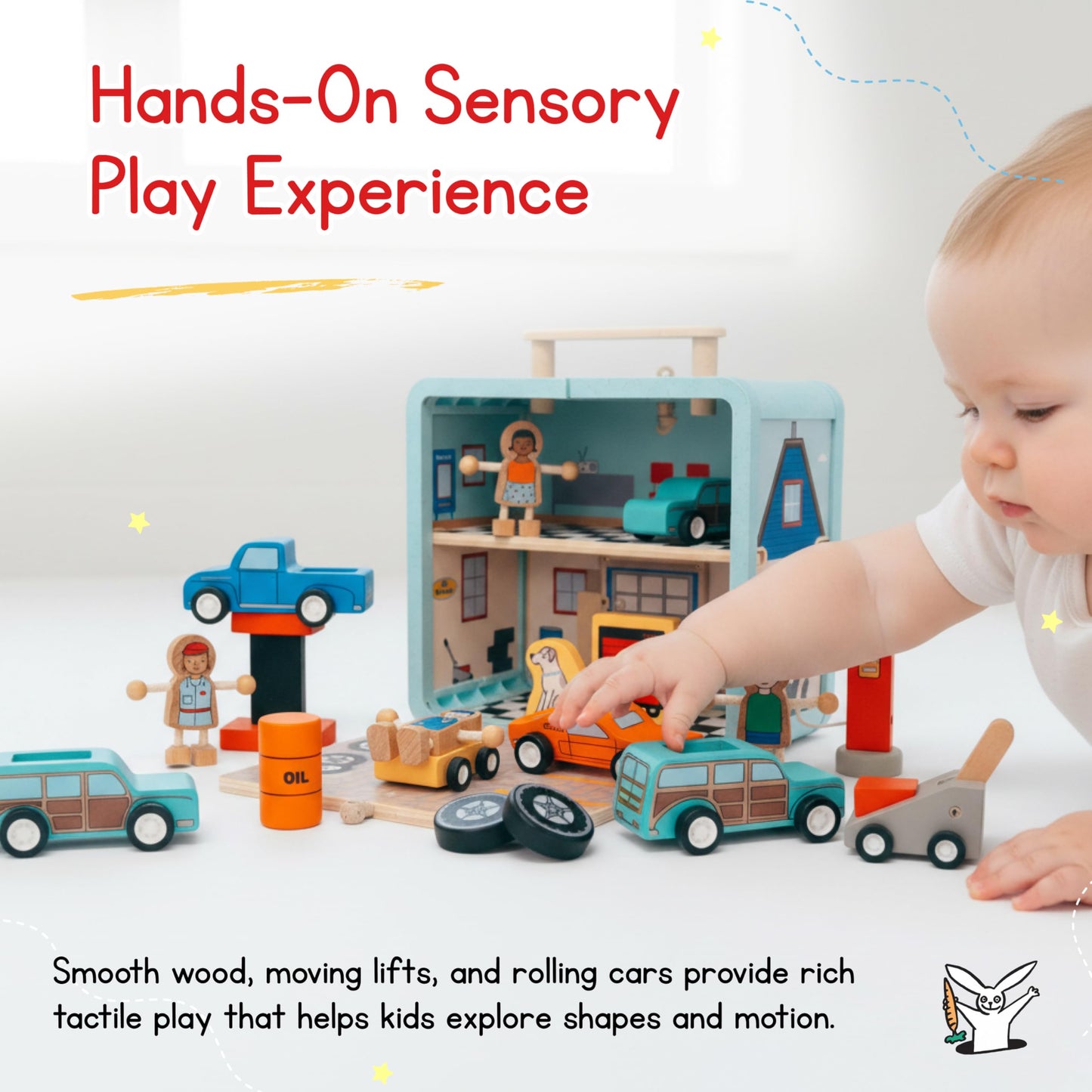 Jack Rabbit Creations Auto Garage Suitcase Playset, Portable Carry Case Style, Multicolor, 16 Eco-Friendly Wooden Figures, Mechanics, Cars & Car Lifts, Gas Pump, Oil Can, Tires, Travel Toy, Ages 3+