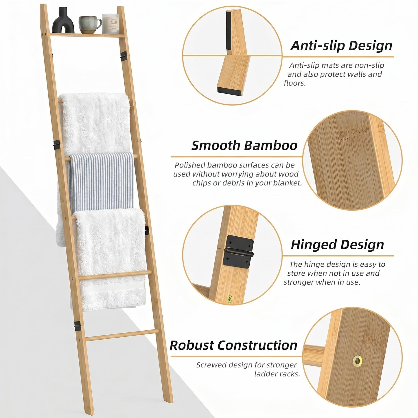 Plusinthebox 6 Tier Blanket Ladder with Shelf, Wooden Blanket Rack for Living Room, Leaning Towel Ladder Rack for Bedroom, Bathroom, Quilts, Throws, Towels and Farmhouse Décor