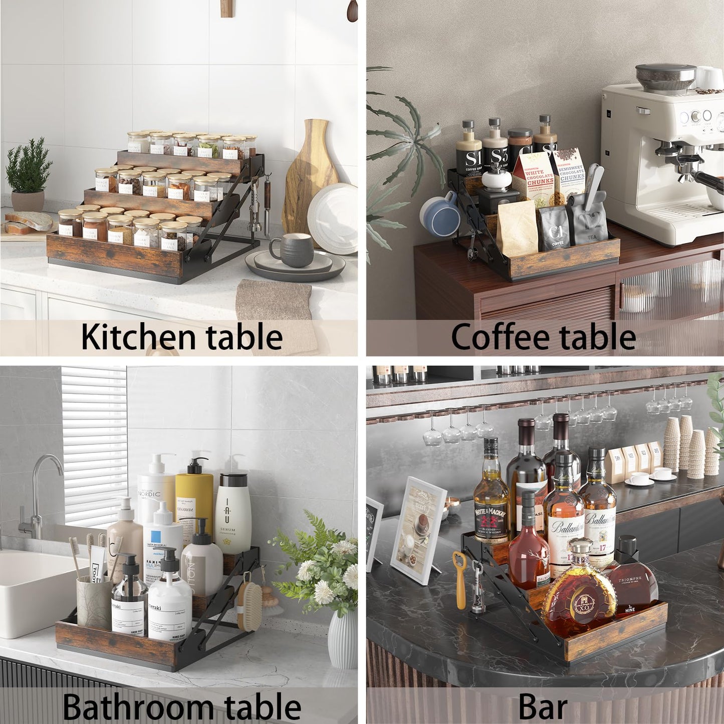 KOKSTOP 3 Tier Spice Rack Organizer for Cabinet, Foldable Spice Rack for Countertop, Cabinet Drawers Rustic Wooden Seasoning Spice storage for Kitchen Station, Pantry, Home - 1PC