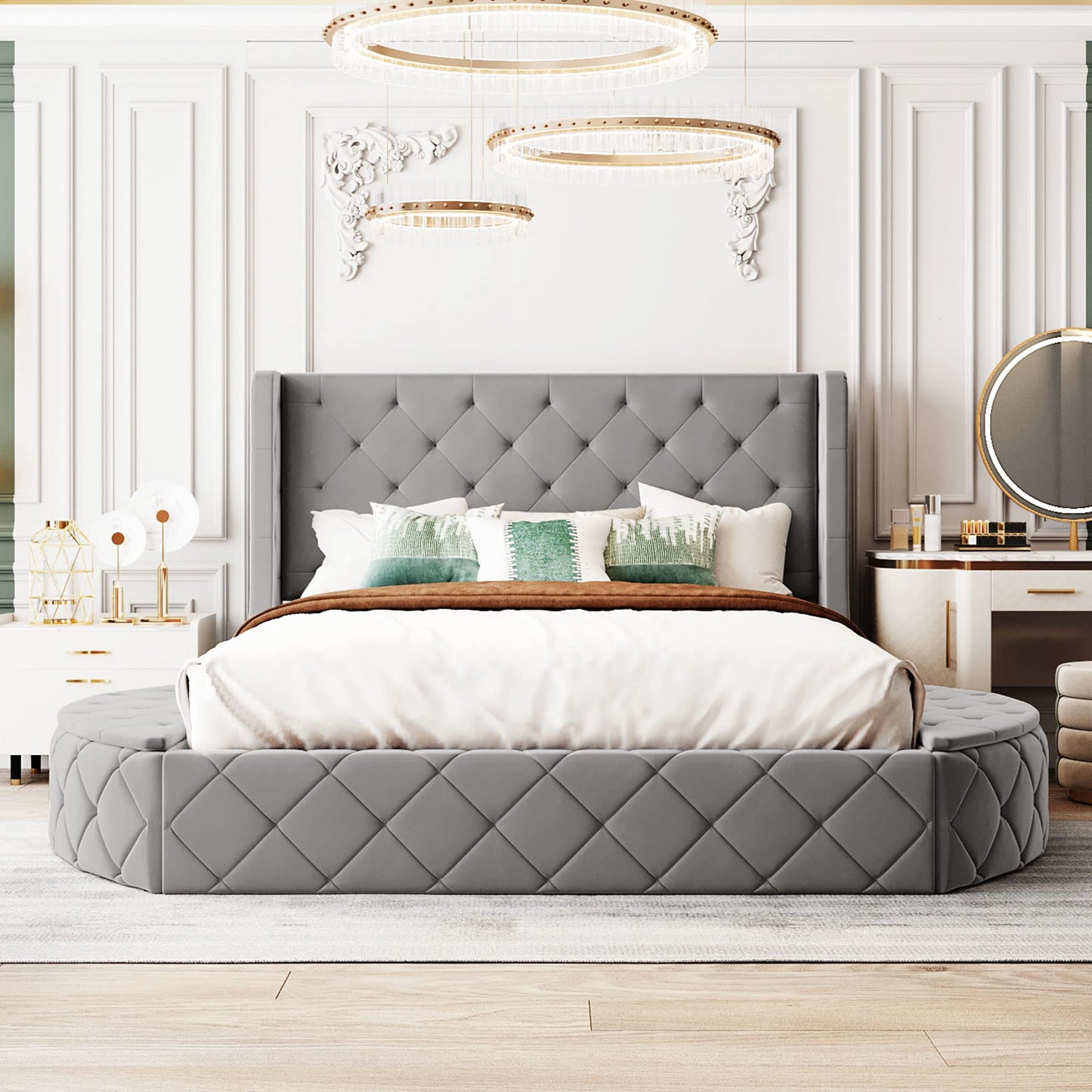 Merax Queen Size Velvet Upholstered Platform Bed with Wingback Headboard, 1 Big Drawer and 2 Side Storage Stool for Bedroom, Guest Room, Wooden Slats, No Box Spring