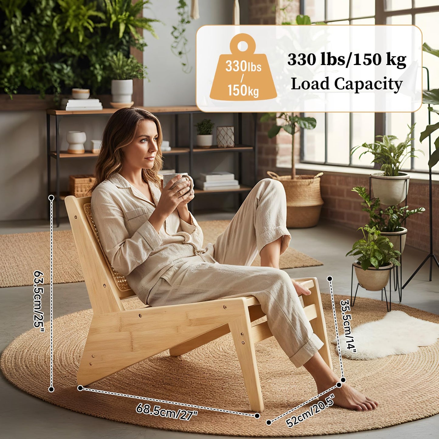 Furlide Rattan Accent Chair for Living Room, Mid Century Side Chair, Comfy Bamboo Chairs for Bedroom Reading Room, Wood