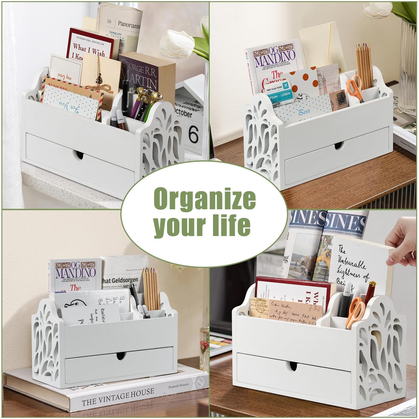 Desk Organizer with Drawer Wood File Office Mail Organizer Countertop-5 Slot Tabletop Storage Pen Organizer Letter Holder for School Home Office Supplies (White)