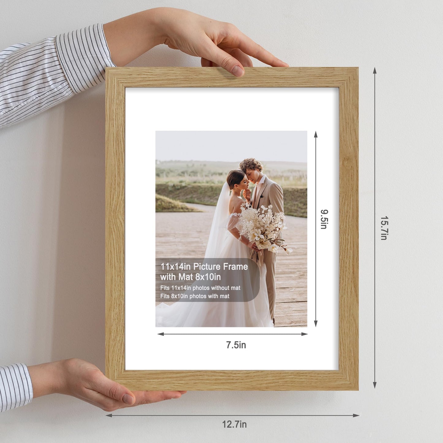 Hongkee 11x14 Picture Frame Set of 4, Made of Glass and Natural Oak Wooden Frame, Display 8x10 Pictures with Mat or 11 x 14 Posters without Mat for Wall Mounting, Gallery Photo Frames