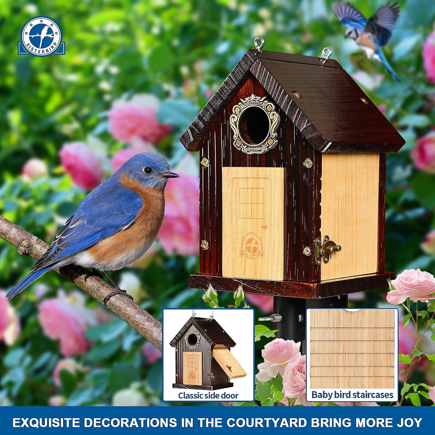 SISTERBIRD Pack of 2 Premium Bluebird Houses for Outside, All Seaons Bird Houses for Outside, Wooden Cabin Birdhouses for Outdoors, Weatherproof Courtyard Decorated Hanging Bird House