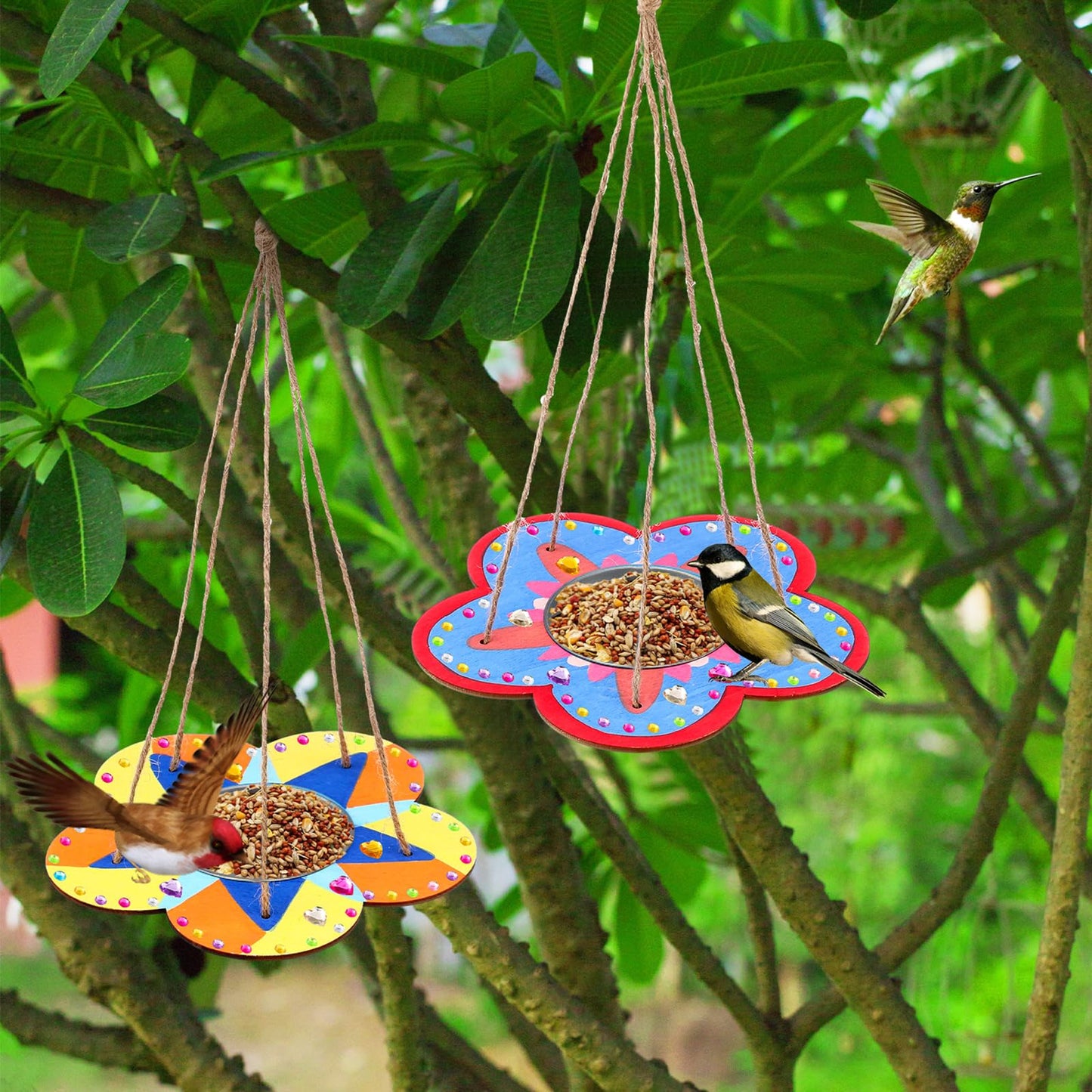 CroBlissful 12 Pack Bird Feeder Craft Kits for Kids DIY Your Own Bird Feeders with Paint and Paintbrushes Wooden Arts and Crafts for Kid Ornaments to Paint Feeders Craft for Garden(Flower Shape)