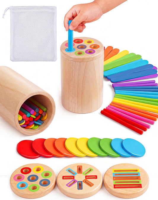 ErieCrest Wooden Montessori Toys for 1, 2,3 Year Old: 3 in 1 Fine Motor Skills, Learning Color Matching Sorting Sensory - Easter Basket Stuffer for Toddler Boy Girls - 18 Month