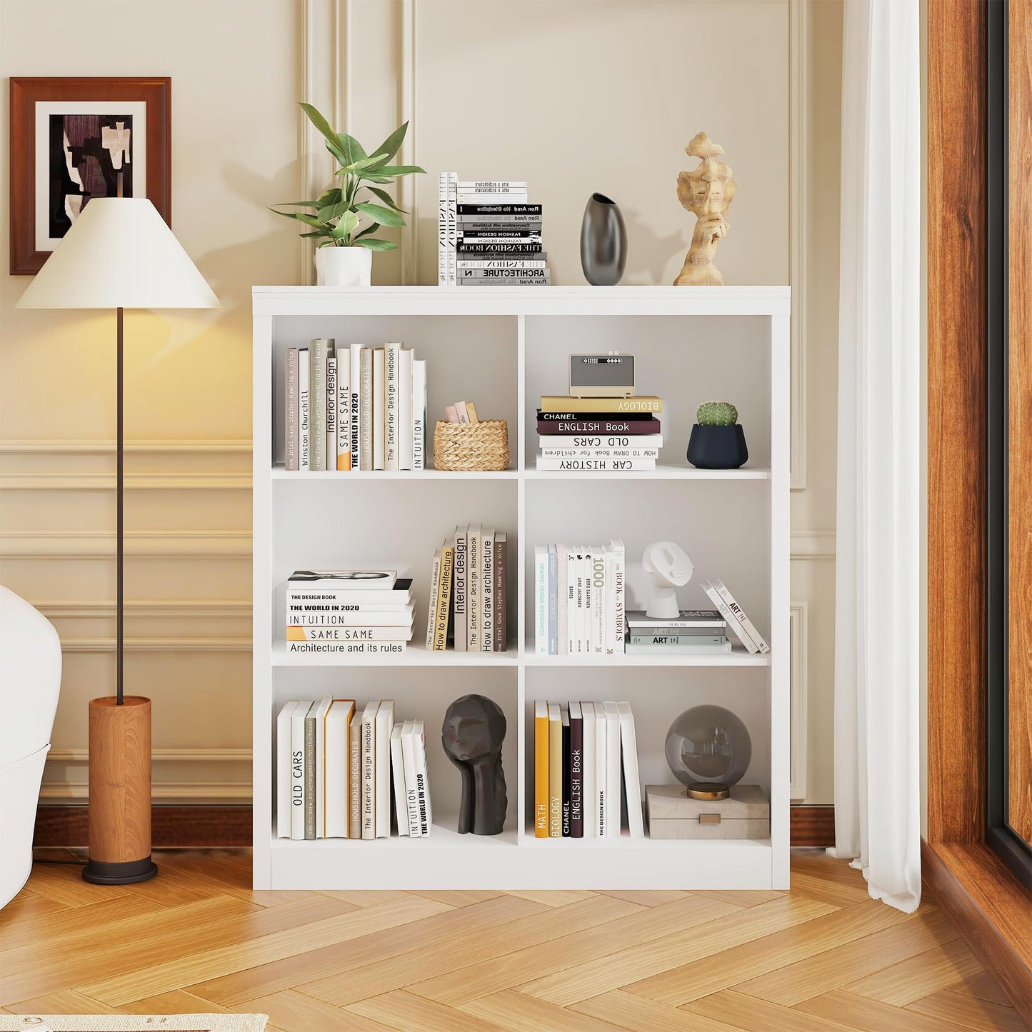 6-Cube Storage Organizer Bookshelf, Farmhouse Wooden Bookcase with Open Shelves, Horizontal Standing Display Cabinet for Home Office, Living Room and Bedroom