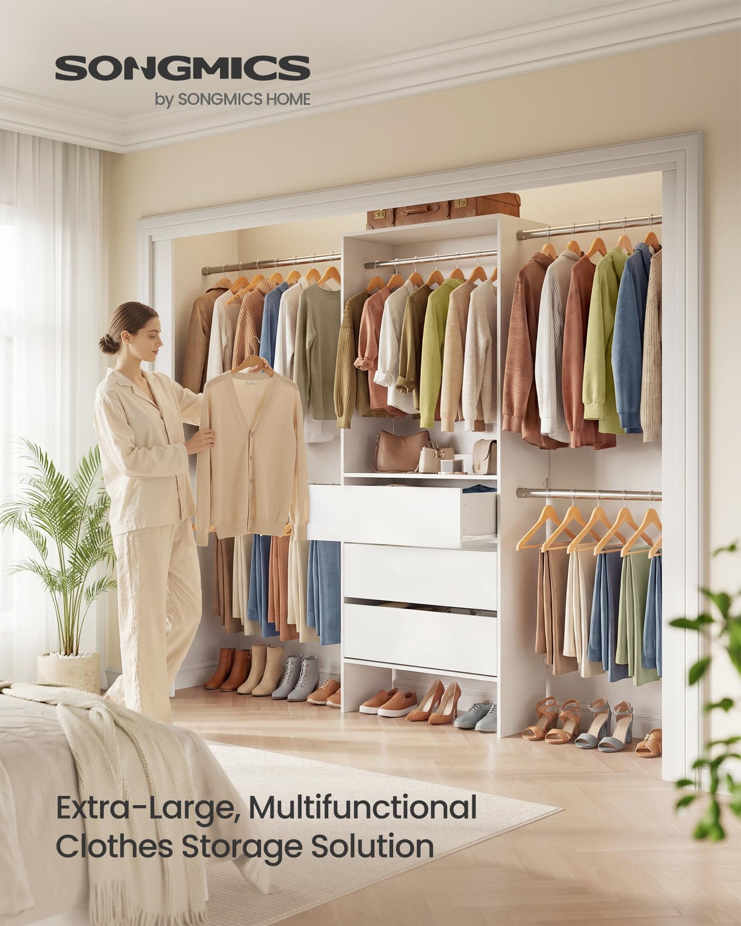 SONGMICS CUSTOS Collection - Closet System, Customizable Walk-In Closet Organizer System with Adjustable Hanging Rods and Drawers, White, Fits Spaces 6.5-10.2 ft URGR043WZ01S