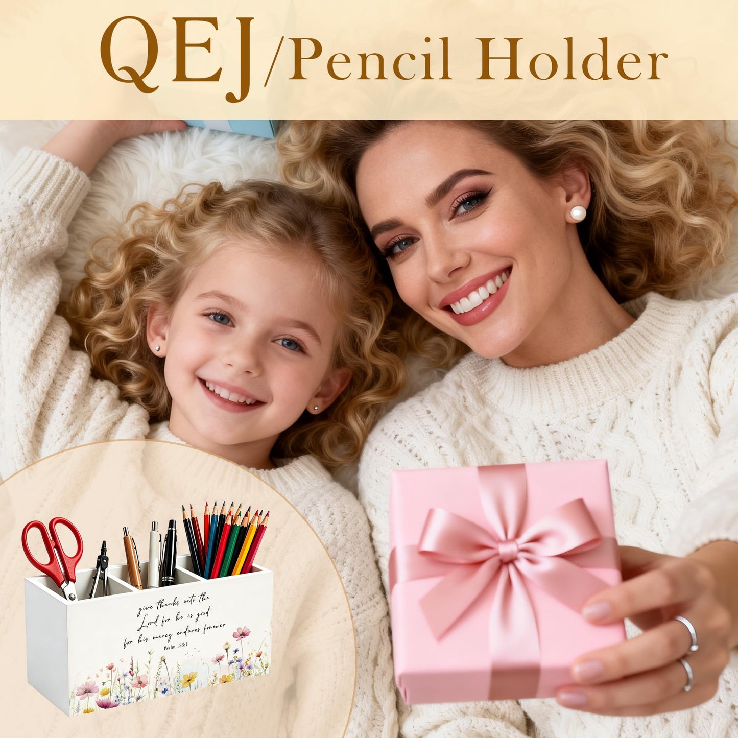 QEJ Wildflower Bible Verse Pen Holder for Desk, Christian Gifts for Women, Give thanks to the Lord Christian Wooden Box Pencil Pen Organizer for Home Office Desk Tabletop