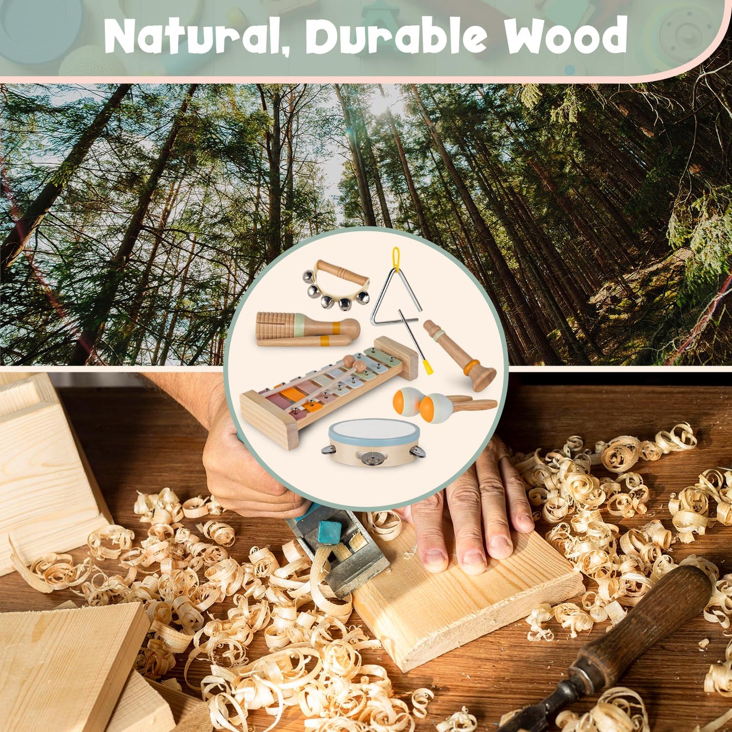 Stoie's Wooden Toddler Musical Instruments with Xylophone, Maracas, Triangle, Tamburine for Babies and Kids, Eco Friendly Montessori Educational Toy