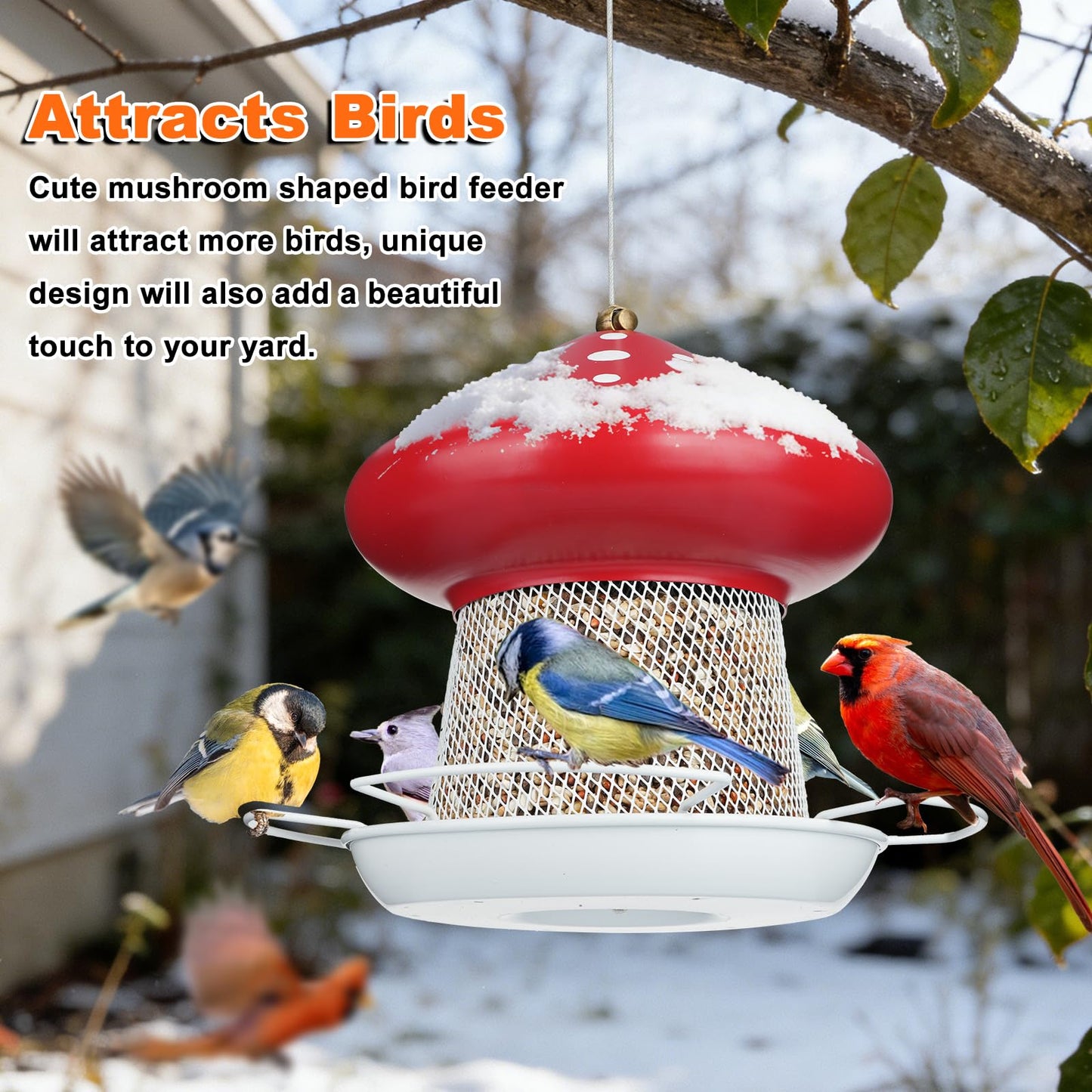 IWNTWY Bird Feeder, Heavy Duty Metal Bird Feeders for Outdoor Hanging, Cute Mushroom Shape Wild Birdfeeder for Outside Garden Yard (Red)