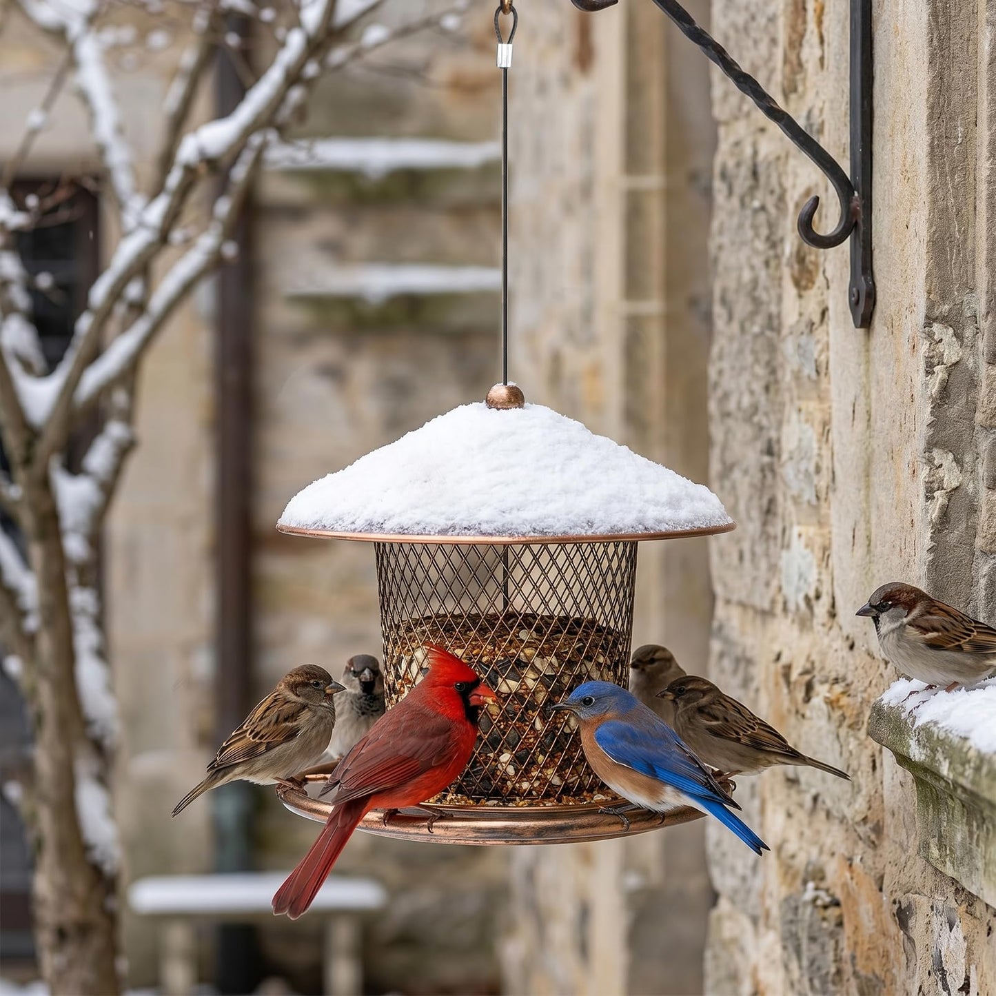 Bird Feeder, Weatherproof Wild Bird Feeders for Outdoors, Birds Feeding Station Metal Round Roof Birdfeeder for Garden Yard Outside Hanging Decor
