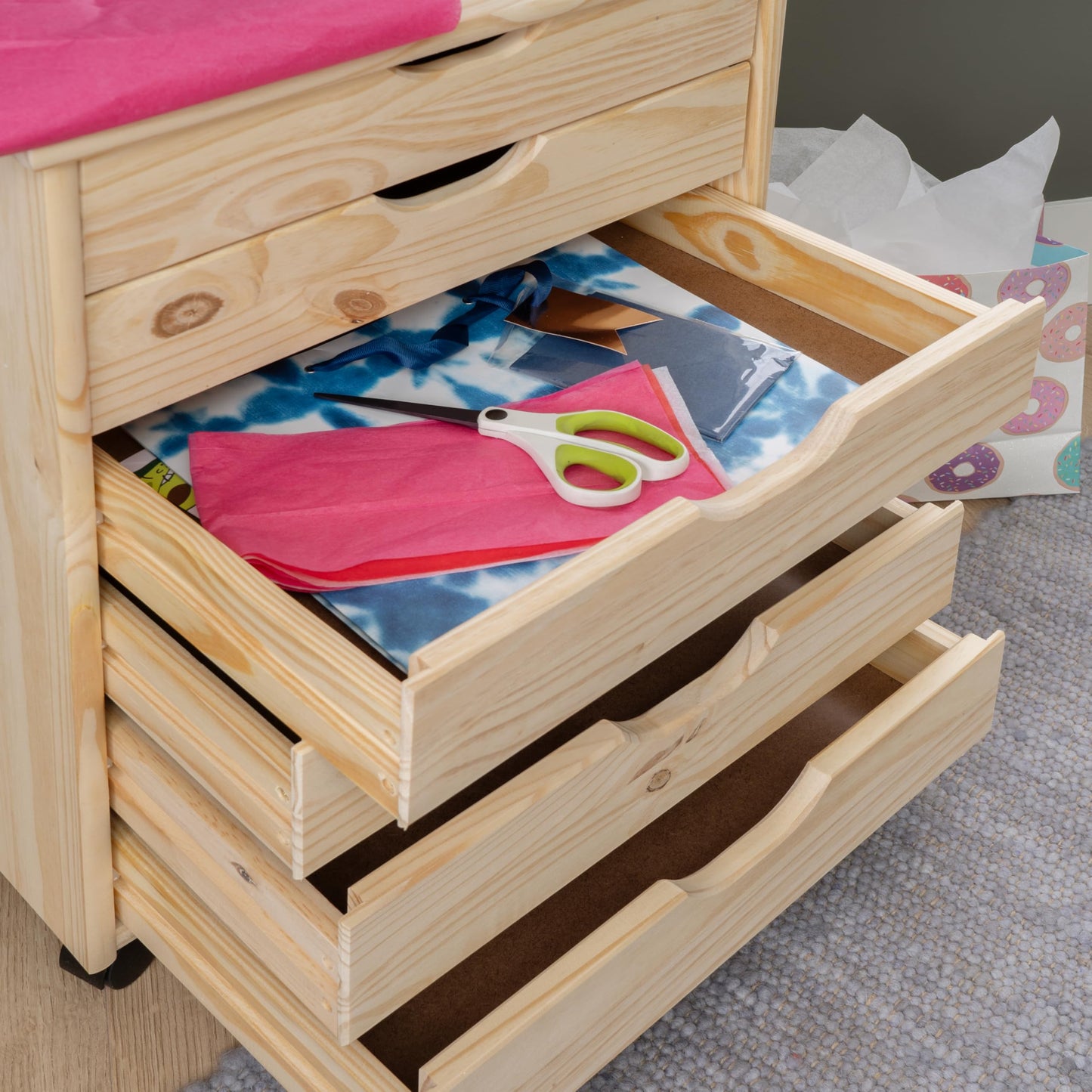 Linon Corinne Unfinished Wide Six Drawer Wooden Rolling Storage Cart