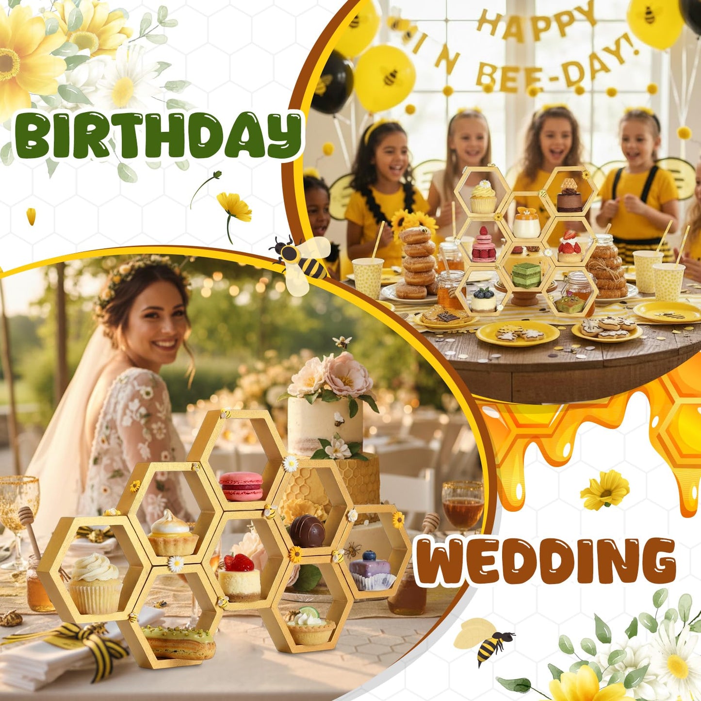 Lallisa 8 Pcs 6.3 Inch Honeycomb Cupcake Stand Bee Baby Shower Decorations with 16 Bee 8 Flower Farmhouse Wooden Hexagon Cake Display Holder Beehive Shelves Table Sign for First Gender Reveal
