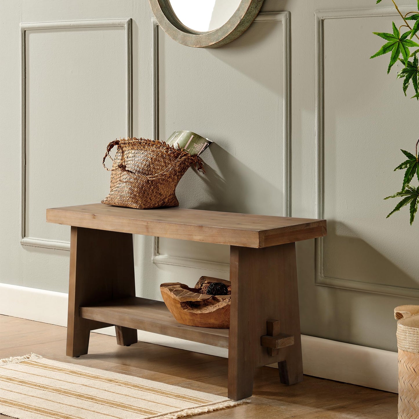 HOKYHOKY Solid Wood Entryway Bench - 31.5" Farmhouse Small Storage Bench, Rustic Narrow Bench Seat for Indoor, Entryway, Dining Room, Living Room and Hallway, Brown