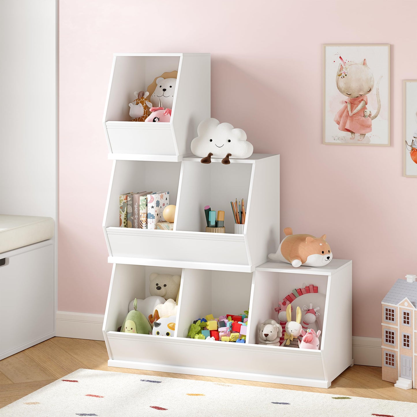 UTEX Stackable Toy Storage Cabinet, Wooden Cubby Organizer, White Shelf for Playroom, Bedroom, Living Room, Nursery, 2 Cubes