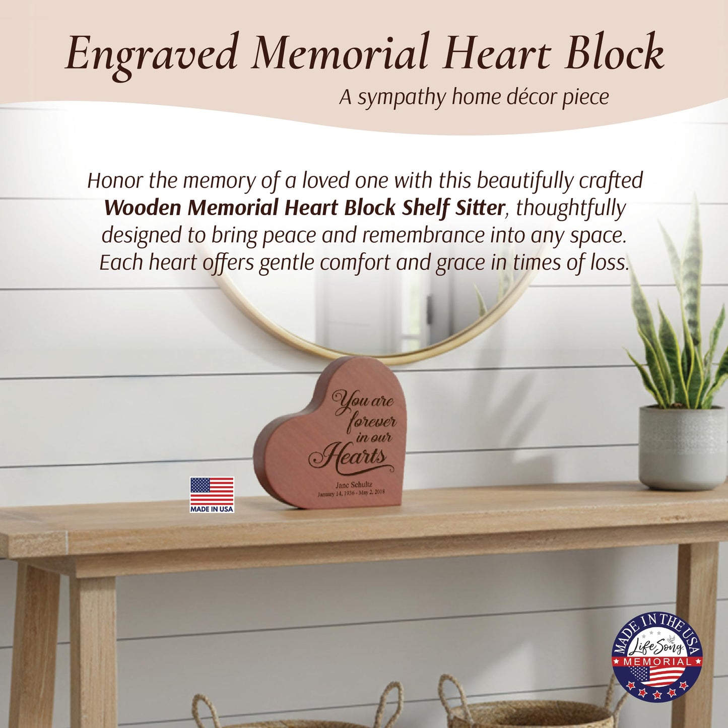 LifeSong Milestones Sympathy Gift Personalized Engraved Wooden Heart Block Shelf Sitter Memorial Bereavement Gifts Personalized Memorial Gifts for Loss of Loved One Celebration of Life Decorations - Cherry
