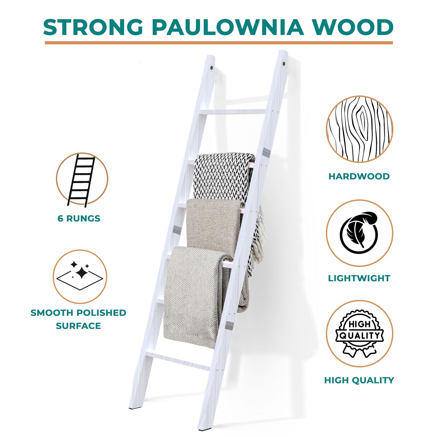 6 Tier Wooden Blanket Ladder - Rustic Style Quilt Ladder for Blankets - Blanket Rack for Wall - Blanket Holder - Farmhouse Decor Accent Furniture for Living Room (White, 6 Tier)