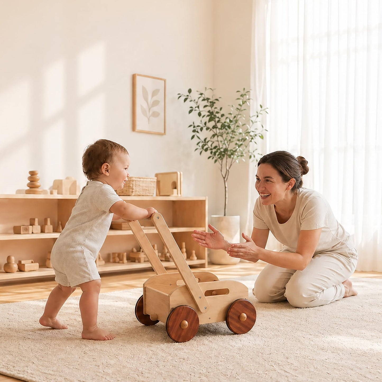 Woodtoe Wooden Baby Walker, Adjustable Speed Baby Push Walker, Montessori Push Toys for Babies Learning to Walk, Educational Walking Toys Gift for Toddler Boys Girls 1 2 3 Years Old