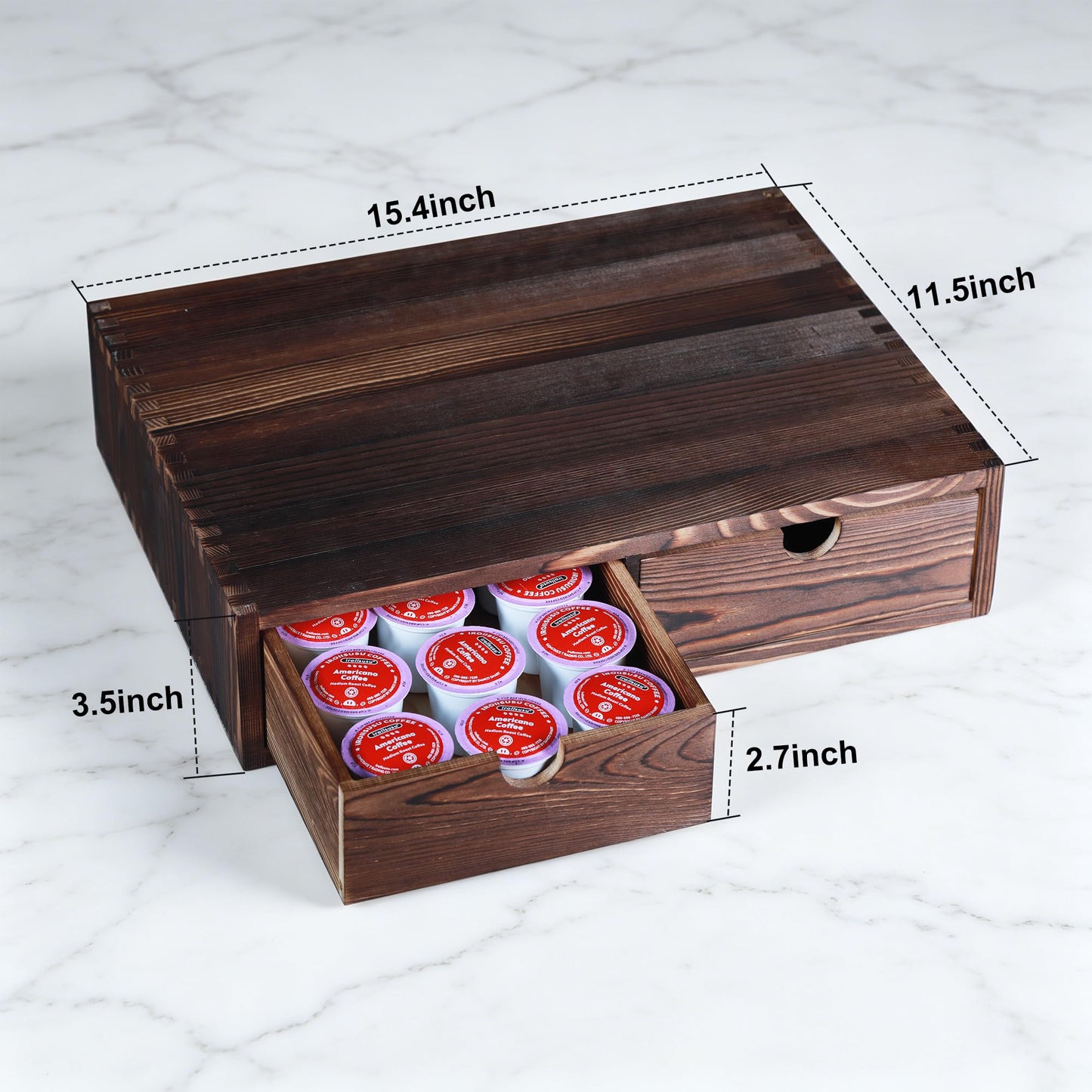 Wooden Coffee Pod Organizer with 2 Drawers, Countertop K-Cup Holder Drawer for 30 Pods, 2-in-1 Coffee Maker Stand + Storage Drawers, Coffee Pod Storage Perfect for Coffee Bar, Office & Home Kitchen