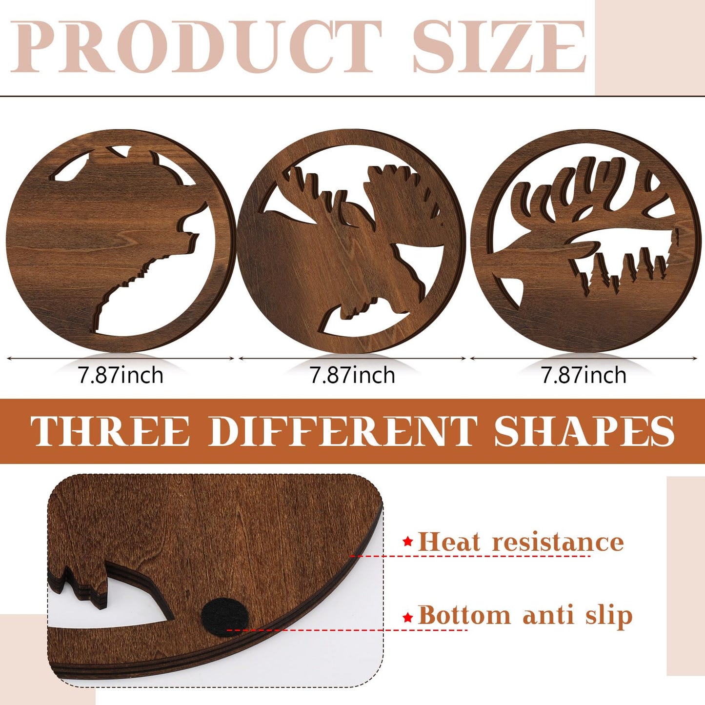 Beeveer 3 Pcs Bear Deer Moose Trivets for Hot Dishes, Wooden Decorative Trivets Cabin Theme Pot Holders Heat Resistant Hot Pad Rustic Lodge Kitchen Home Decorations, 7.9 Inch